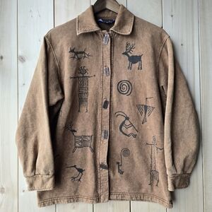 Vintage 90s Bfofo Tribal Petroglyph Brown Button Jacket Mens Small